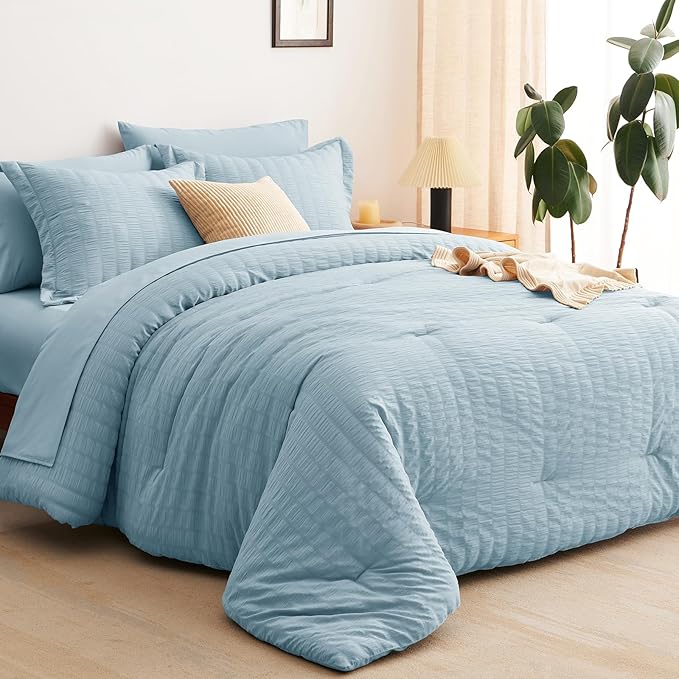 CozyLux Full Size Comforter Sets with Sheets Seersucker 7 Pieces Light Blue Bed in a Bag Textured Luxury Soft Bedding Set with Down Alternative Comforter, Sheets, Pillowcases & Shams for All Seasons