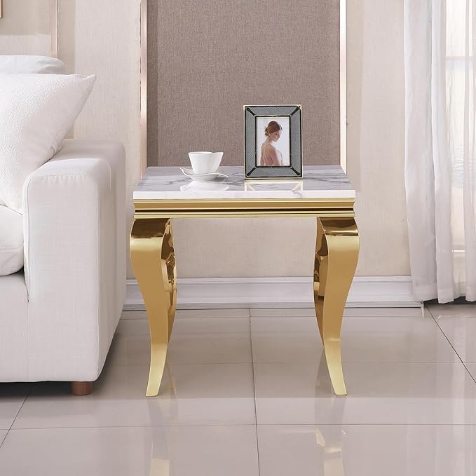 SSLine Modern White Faux Marble End Table Luxury Square Sofa Side Table with Gold Curved Legs Mid-Century Elegant Bedside Table w/Mirrored Stainless Steel Frame for Living Room Bedroom