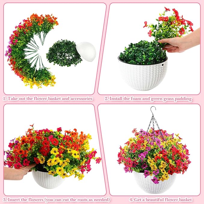 Lyrow 2 Pcs Artificial Hanging Flowers with Fake Basket Outdoor Realistic Hanging Plants with 12 Inch Coconut Lining Basket for Patio Lawn Garden Porch Decor(Bright)