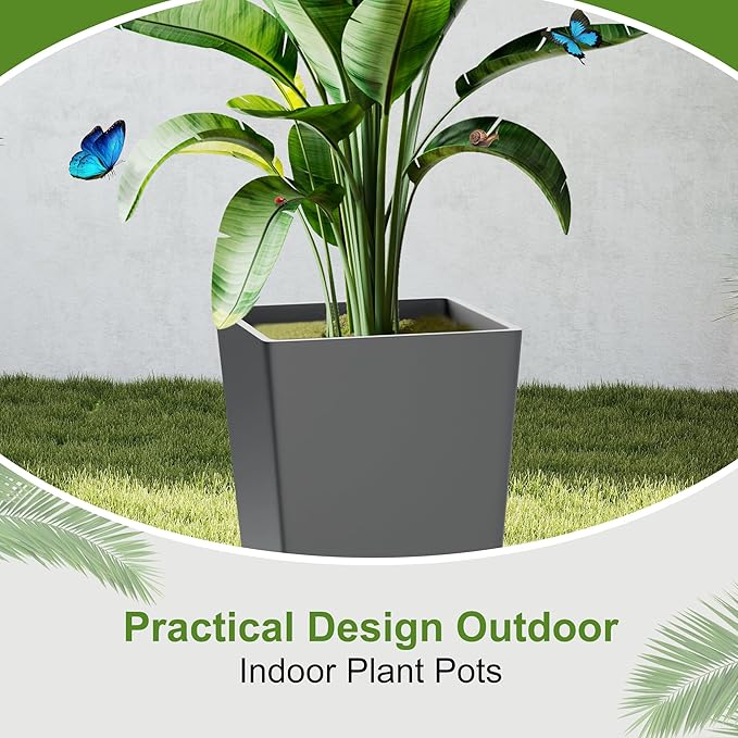 24-Inch Tall Planters Set of 2 for Outdoor and Indoor Use,Tapered Flower Pots with Drainage Tray, Front Porch and Patio Decor,Ideal for Large Plants, Grey