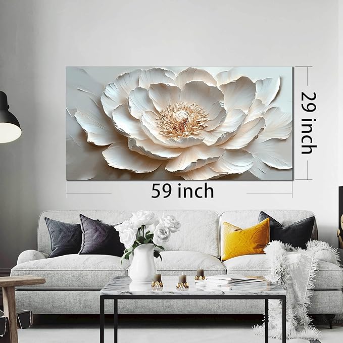 White Flower Wall Art for Living Room - Large Modern Wall Art Bedroom - Floral Bedroom Wall Decor for Teen Girls Size 29" x 59"