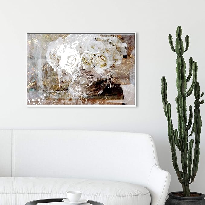 The Oliver Gal Artist Co. Floral and Botanical Framed Wall Art Canvas Prints 'Serving Roses' Florals, White, Gold, 30" x 20"