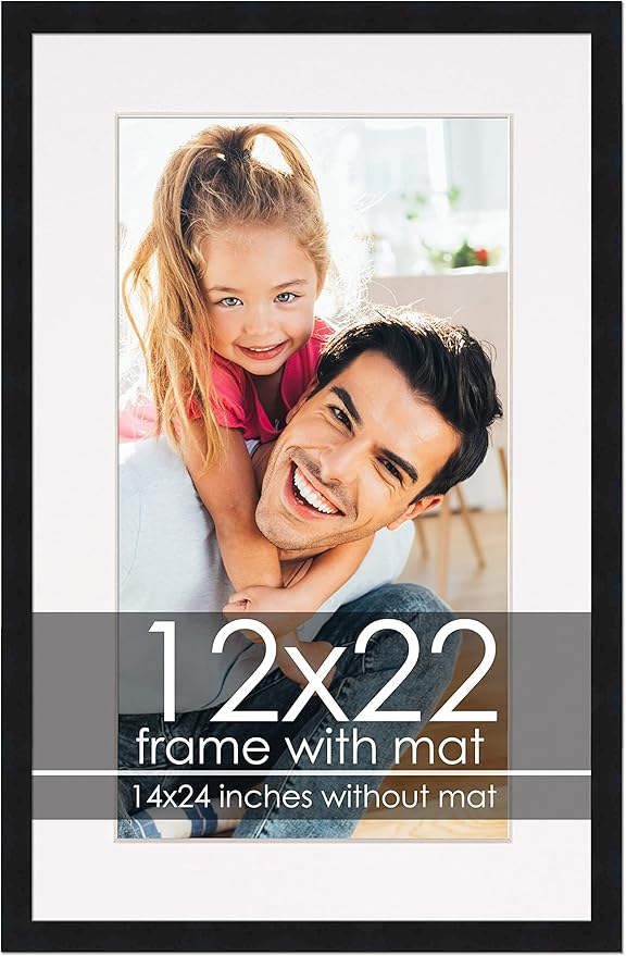 12x22 Frame with Mat - Black 14x24 Frame Wood Made to Display Print or Poster Measuring 12 x 22 Inches with White Photo Mat