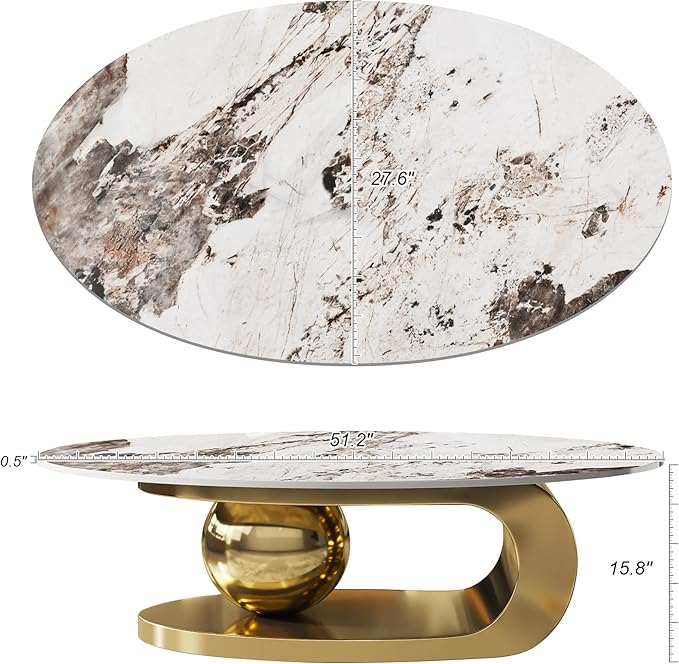 Modern Oval Marble Coffee Table, 51.2" Gold Coffee Table with Sintered Stone Top & Geometric Stainless Steel Base, Luxury Oval Tea Center Tables for Living Room