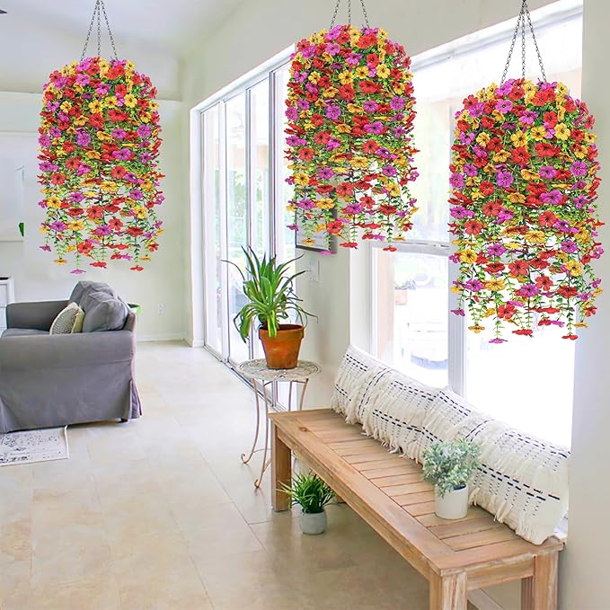 Dremisland 2 Set Artificial Hanging Baskets Outdoor Multicolored Silk Flower Plants Fake Flowers DIY Chain Hanging Basket Daisy Faux Flowers with Pot for Porch Garden Balcony Patio Summer Decor
