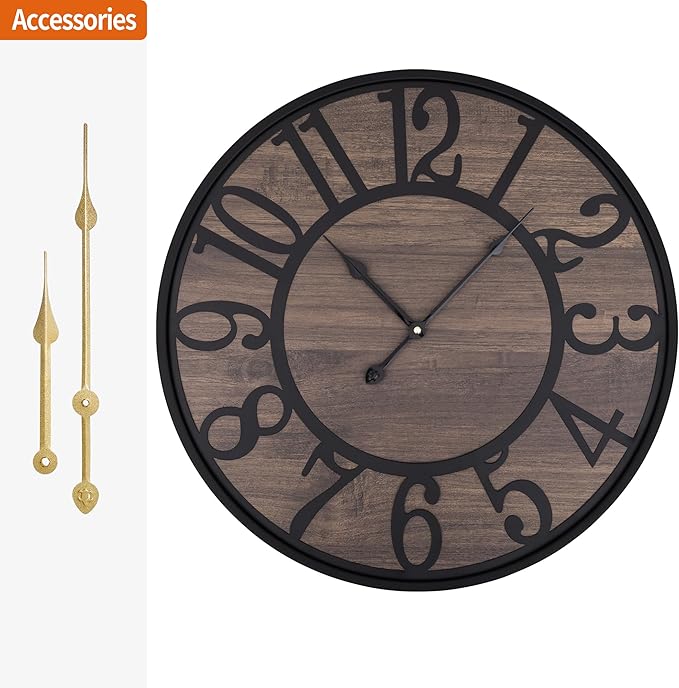 LEIKE Large Wall Clock,Silent,Non Ticking,Battery Operated Round Modern Big Wood Wall Clocks for Living Room, Bedroom,Kitchen,Farmhouse,Office,Rustic Home Decor-16 Inch/40CM-Black-Arabic Number