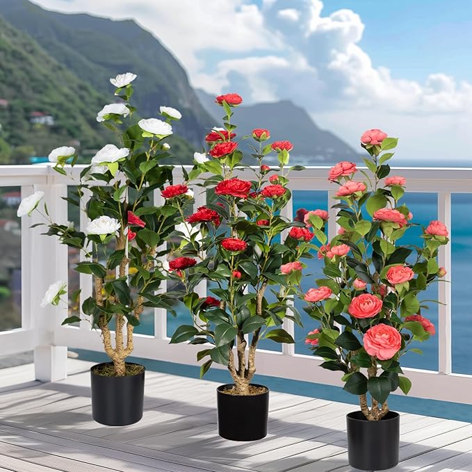 Romantic Season 2Pack Artificial Camellia Tree 3FT, Pink Faux Camellia Plant Fake Potted Camellia Flower Tree Plastic Camellia Tree for Modern Home Office Living Room Floor Décor Indoor