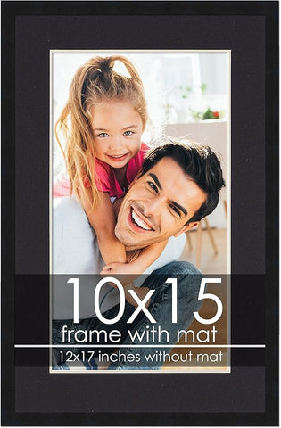 10x15 Frame with Mat - Black 12x17 Frame Wood Made to Display Print or Poster Measuring 10 x 15 Inches with Black Photo Mat