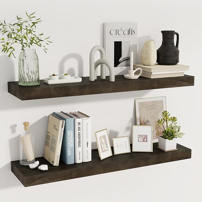 fuqing Floating Shelves for Wall - 36 Inch Natural Wood Shelves Set of 2-9.3 Inch Deep Wooden Wall Shelves with Upgraded Metal Brackets for Room