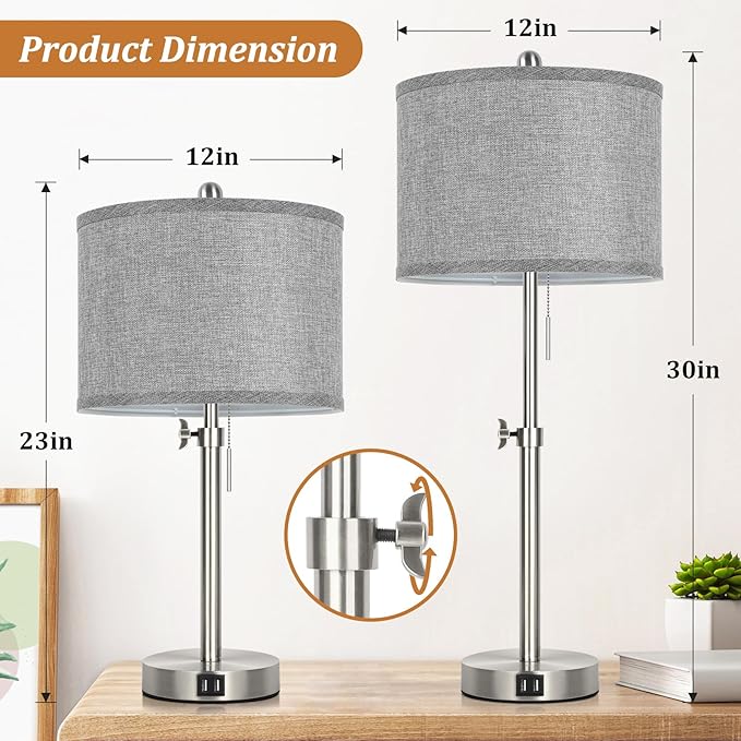 Silver Table Lamps Set of 2 for Living Room Bedroom, 23''-30'' Adjustable Height Bedside Lamps with 2 USB Ports, Industrial Nickle Nightstand Lamps with Grey Shade, Modern Lamp Sets for Home Office