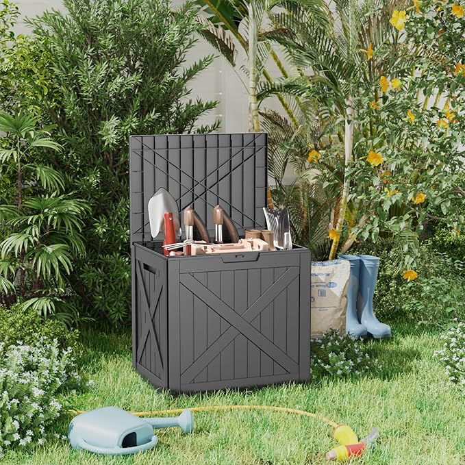 32 Gallon Deck Box,Resin Outdoor Storage Box with Lockable for Patio Furniture, Pool Accessories, Garden Tools, Waterproof Outside Storage Box, Black