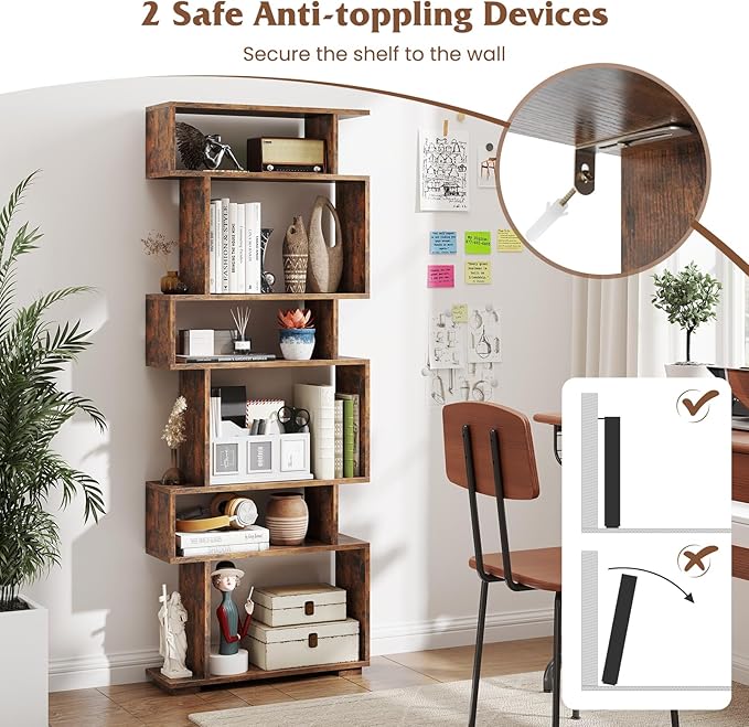 Tangkula 6-Tier S-Shaped Bookshelf, 64" Freestanding Geometric Bookcase, Home Office Wood Storage Shelf with Anti-Toppling Device, Room Divider Display Rack for Study, Living Room (2, Rustic Brown)