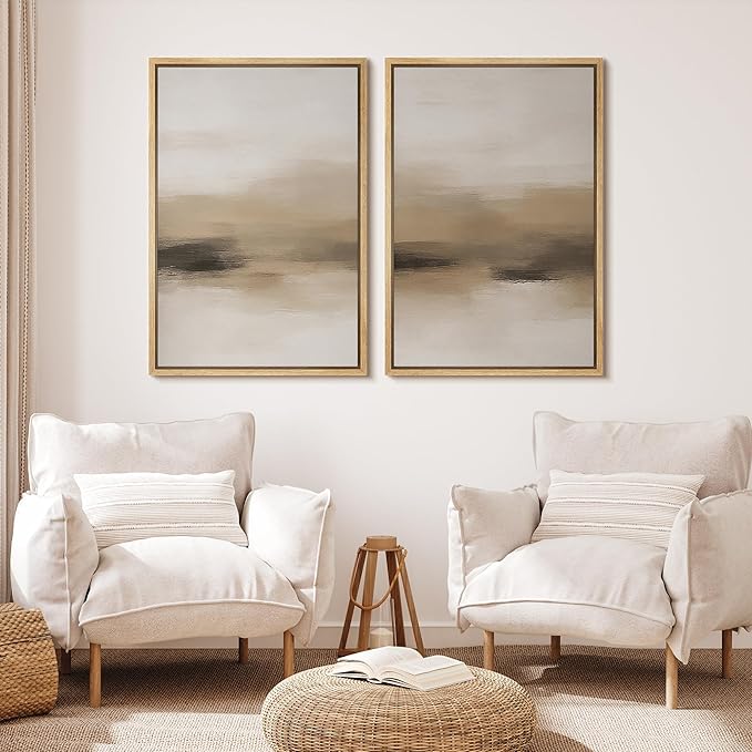 MUDECOR Framed Canvas Print Wall Art Abstract Neutral Beige Contemporary Minimalist Landscape Illustrations Modern Art Decorative Bohemian for Living Room, Bedroom, Office - 16"x24"x2 Natural
