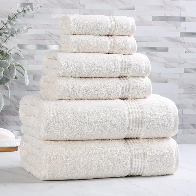 Superior Egyptian Cotton 6-Piece Towel Set, Bathroom Essentials, Towels For Bathroom, Apartment, Airbnb, Guest Bath, Face, Hand, Bath Towels, Washcloths, Absorbent, Fast Drying, Ivory
