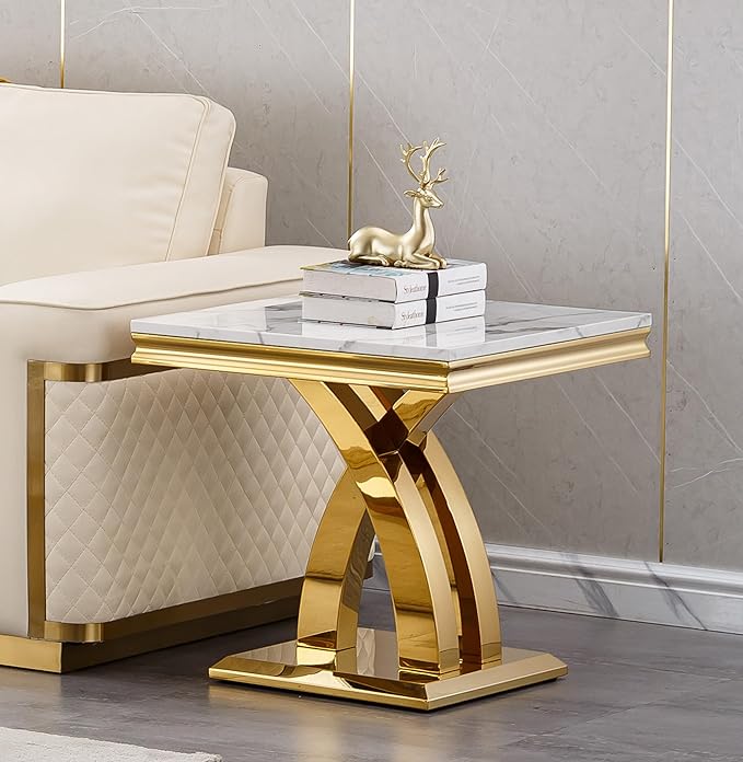 SSLine Modern White Faux Marble End Table Luxury Square Sofa Side Table with Gold Pedestal Base Mid-Century Elegant Bedside Table w/Mirrored Stainless Steel Frame for Living Room Bedroom