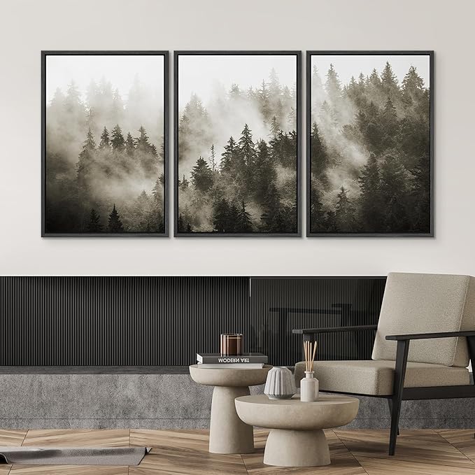 SIGNWIN Framed Canvas Print Wall Art Woodland Nursery Decor Set Duotone Blue Misty Pine Tree Forest Nature Modern Art Rustic Landscape Colorful for Living Room, Bedroom, Office - 24"x36"x3 Black