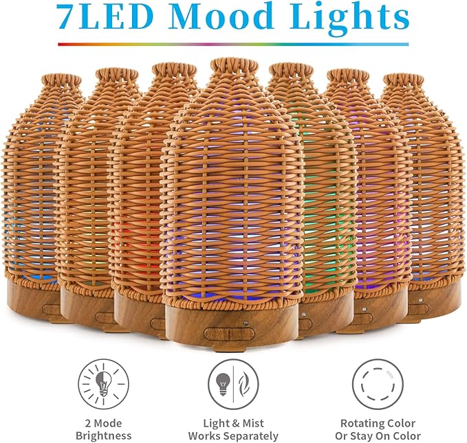 Essential Oil Diffuser - Multifunction Aromatherapy Diffuser 7 LED Color Changing Light 100ML Rattan Diffuser Easy to Clean Suitable for Home,Office (Tan)