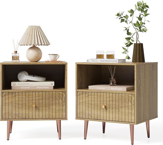 Wood Night Stand Set 2,Modern Bedside Table with Door and Open Storage,Fluted Nightstand and Wood End Side Table with Rose Gold Metal Legs and Handles for Bedroom,Living Room,Natural