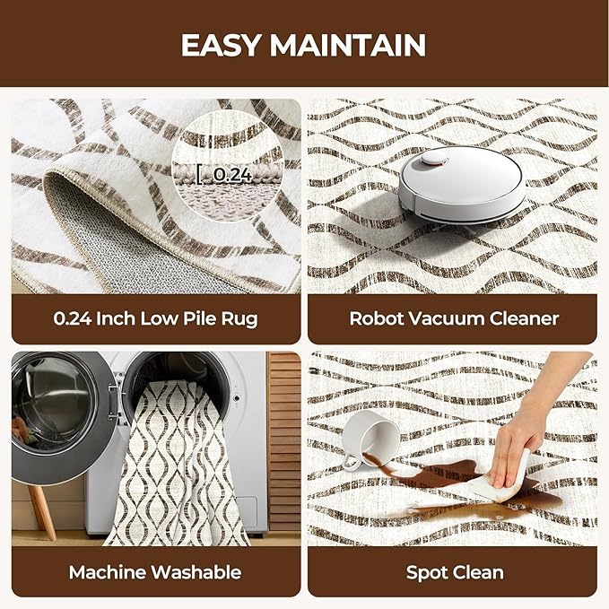 WITSHOCK 5x8 Brown Moroccan Trellis Living Room Rug - Boho Modern Geometric - Washable Non-Slip Thin Indoor Rug for Bedroom Under Dining Table, Soft Low Pile Carpet for Nursery, Kid & Pet Friendly