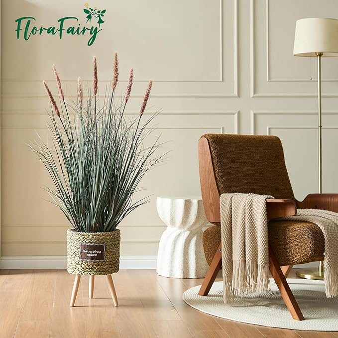 3ft Onion Grass, Artificial Plant and Greenery, Fake Floor Plants Indoor Outdoor, Faux Horsetail Reed Grass with 7 Pink Flower Crowns, Potted, House Decorative