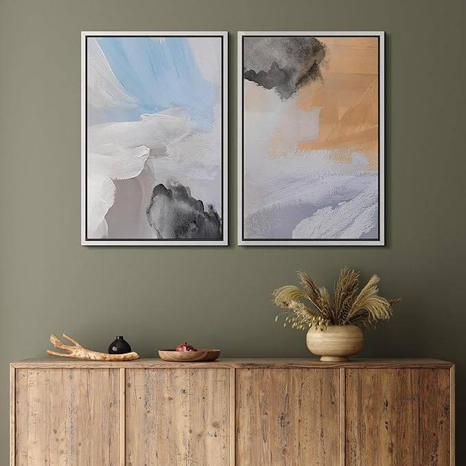MUDECOR Framed Canvas Print Wall Art Abstract Blue Skies and Earth Tones Illustrations Modern Art Decorative Bohemian Colorful Chic for Living Room, Bedroom, Office - 16"x24"x2 WHITE