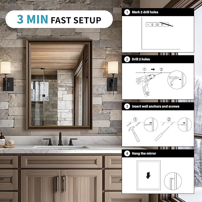 Retro Copper Effect Framed Wall Mirror, 32x40 Rectangle Mirror, 1/8"Anti-desilvering Tempered Glass, Sustainable&Sturdy Frame, Anti-Rust, HD Reflection &3min Fast Setup for Bathroom Living Room
