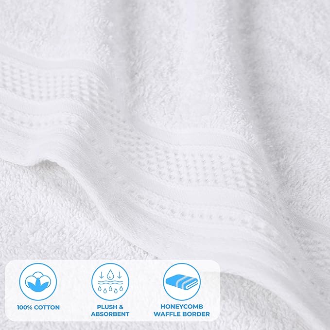 Superior Honeycomb Cotton Medium Weight Towels, for Guest Bath, Master Bathroom, Shower, Quick Dry, Adults, Home Essentials, Textured Waffle Border, Assorted Towel Set, 6 Piece Towel Set, White