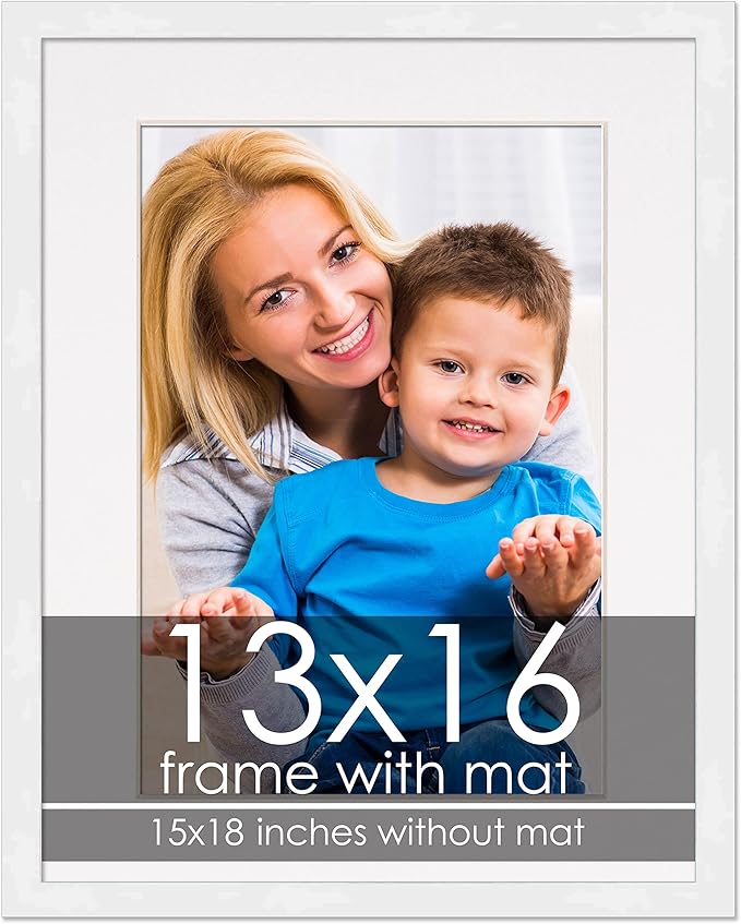 13x16 Frame with Mat - White 15x18 Frame Wood Made to Display Print or Poster Measuring 13 x 16 Inches with White Photo Mat