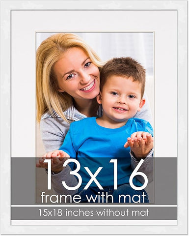 13x16 Frame with Mat - White 15x18 Frame Wood Made to Display Print or Poster Measuring 13 x 16 Inches with White Photo Mat