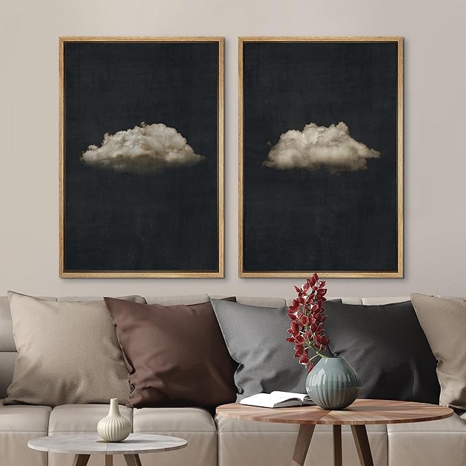 MUDECOR Framed Canvas Print Wall Art Minimalist Cloud on Dark Background, Modern Monochrome Nature Illustrations Modern Art Decorative Multicolor Minimalism for Bedroom - 24"x36"x2 Natural