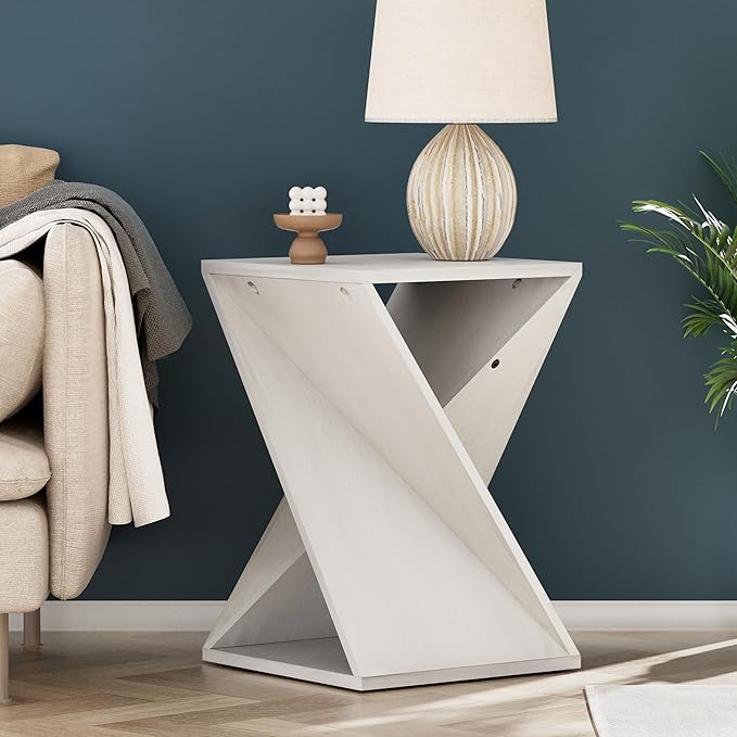 Modern End Table Square Solid Wood Pedestal Side Table Rustic Plant Stand with Twisted Design for Living Room, Bedroom, Office, White