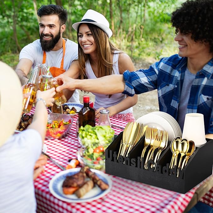 12.6 in Wooden Paper Plate Dispenser Black Utensil Caddy Silverware Napkin and Utensil Holder Rustic Large Silverware Holder for Kitchen Counter