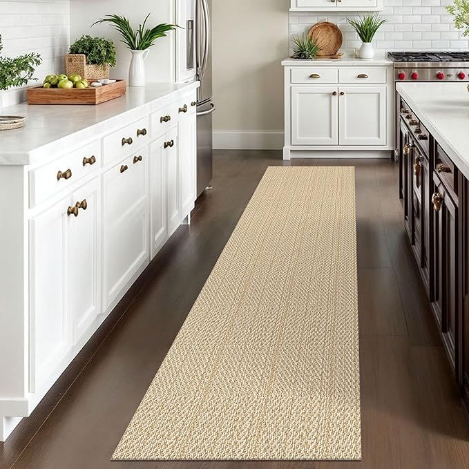 IOHOUZE Washable Runner Rug 2x10 Non Slip Rubber Backed Long Hallway Runner Entryway Runner Indoor, Kitchen Rugs Woven Cotton Floor Carpet for Hall Entrance, Warm Beige/Orange/Apricot