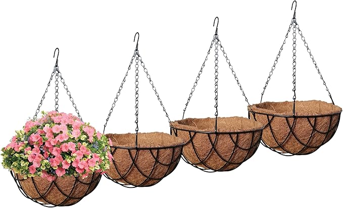 MTB SUPPLY Garden Hanging Baskets 12 Inches - Vintage Geo with Coco-Liner, Pack of 4 Hanging Planter