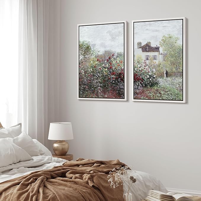 MUDECOR Framed Canvas Print Wall Art Blooming Garden and Cottage Romantic Floral Landscape Nature Wilderness Illustrations Realism Decorative Scenic for Living Room, Bedroom, Office - 16"x24"x2 White