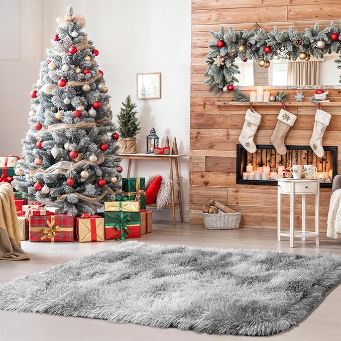 Small Bedside Rug, 2x3 Non Slip Fluffy Shaggy Entryway Throw Rugs for Bedroom Living Room, Indoor Floor Carpet for Kids Girls and Boys, Nursery Rooms Mat, Home Decor Aesthetic, Tie Dyed Grey
