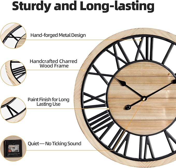 Maxstar 24'' Wall Clock for Living Room Decor, Ultra-Silent Rustic Wooden Farmhouse Wall Clock with Metal & Real Wood Frame, Battery Operated, for Kitchen Bedroom Office, Roman Numerals