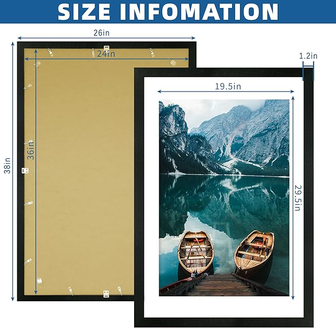 24x36 Poster Frame Set of 2, Rustic Black Wood Style - Display 24 x 36 Poster without Mat or 20x30 Picture with Mat, Wall Mounting Horizontal and Vertical