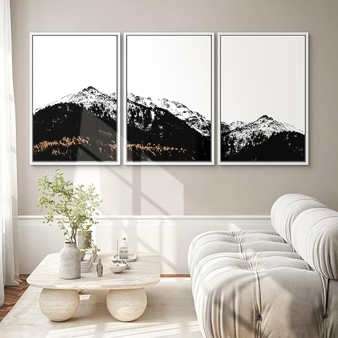 SIGNWIN 3 Piece Framed Canvas Wall Art Black and White Mountain Tops Photo Nature Wilderness Illustrations Abstract Traditional Home Artwork Decoration for Living Room,Bedroom - 24"x36"x3 White
