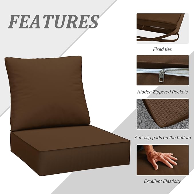 Outdoor Seat Cushion Set 24 x 24 x6.5 Inch Splash-Proof & Fade Resistant Patio Furniture Cushions with Removable Cover Deep Seat & Back Cushion with Straps for Chair Sofa Couch
