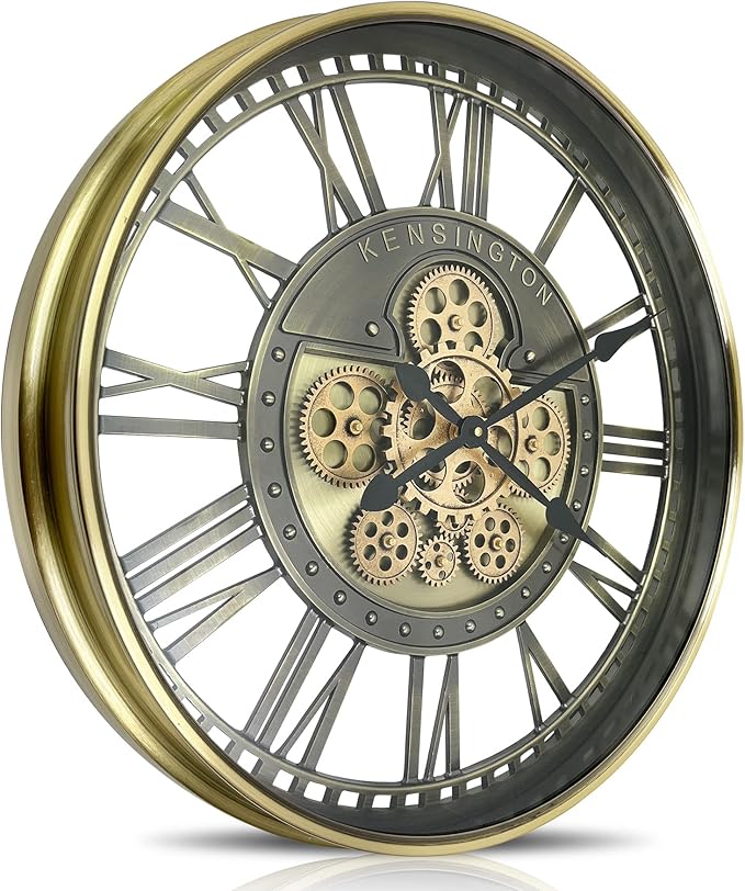 DORBOKER Real Moving Gears Wall Clock Large Modern Metal Clocks for Living Room Decor, Industrial Steampunk Unique Vintage Rustic Decorative Clock for Home Farmhouse Office, 21 Inch,Bronze Gold Roman