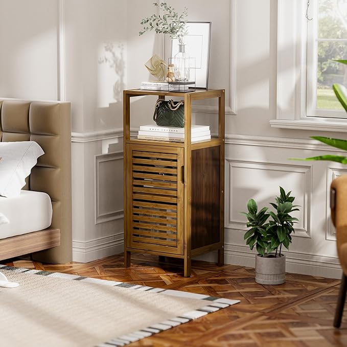 HITNET Bathroom Cabinet, Bamboo Floor Cabinet Free Standing, 4 Tier Sofa Side Storage Cupboard for Living Room Kitchen Bedroom, Walnut