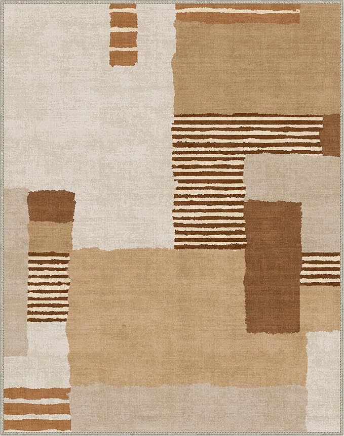 GENIMO Washable Area Rugs for Living Room Bedroom, 8x10 Modern Abstract Stripe Non Slip Rug, Low Pile Soft Contemporary Indoor Floor Carpet Cover for Dining Room Kitchen, Orange Brown