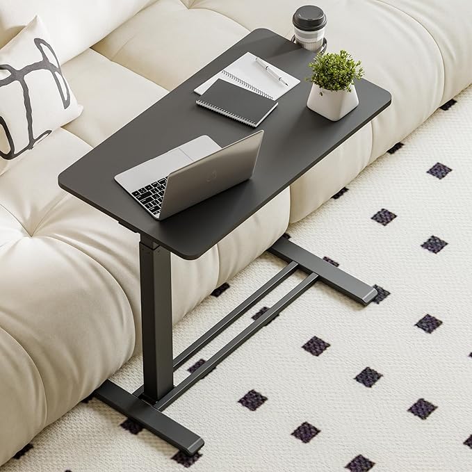Medical Overbed Adjustable Bedside Table with Hidden Casters, Mobile Pneumatic Rolling Laptop Standing Desk with Tray for Home & Hospital Use, Black Table Top + Black Edging