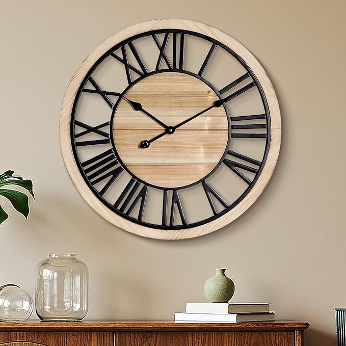 Maxstar 24'' Wall Clock for Living Room Decor, Ultra-Silent Rustic Wooden Farmhouse Wall Clock with Metal & Real Wood Frame, Battery Operated, for Kitchen Bedroom Office, Roman Numerals