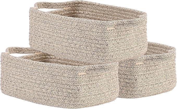 KALLAX Small Woven Basket, 12 x 8 x 4.5 Inches, Small Storage Baskets for Organizing, Gift Baskets Empty, Cute Rope Shelf Closet Storage Bins for Shelves, Dog Toy Basket, 3 Packs, Mixed Brown