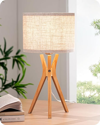 EDISHINE Tripod Table Lamp, 17.5" Modern Bedside Lamp with Natural Wood-Colored Lamp Legs & Beige Linen Lampshade, Boho Nightstand Lamp for Bedroom, Living Room, Reading Room, E26 Base