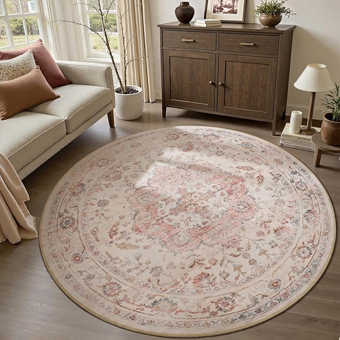 PADOOR-Vintage 6FT Round Rug-Rugs for Living Room-Soft Pink Circle Rug-Machine Washable Rugs for Bedroom-Non Slip Carpet-Rug for Dining Room Living Room Bedside Office