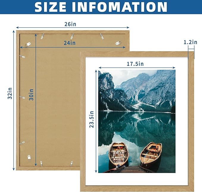 24x30 Frame Set of 2, Natural Oak Wood Style - Display 18x24 Picture Frame with Mat or 24 x 30 Poster without Mat, Wall Mounting Horizontal and Vertical