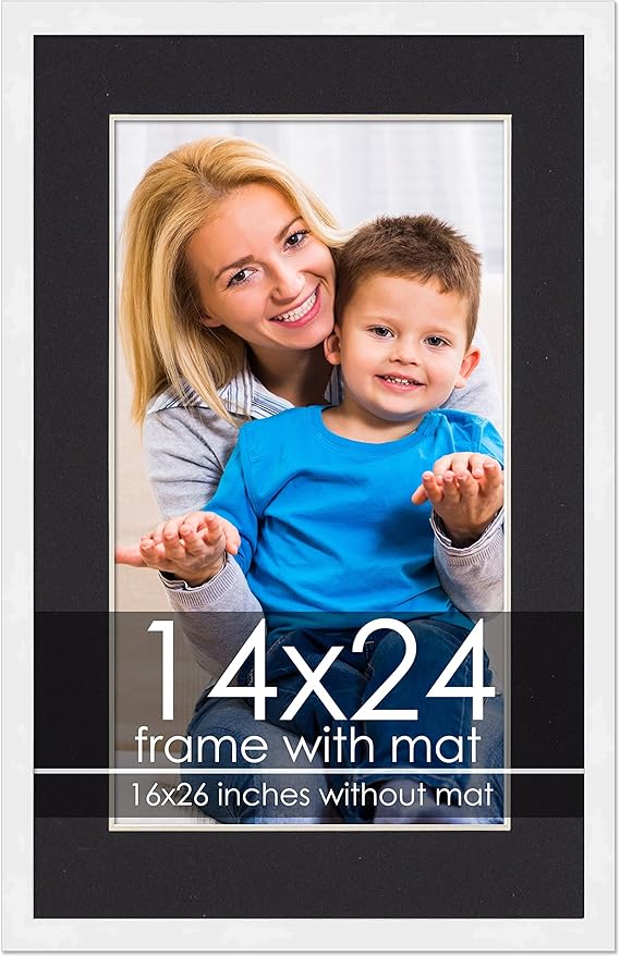 14x24 Frame with Mat - White 16x26 Frame Wood Made to Display Print or Poster Measuring 14 x 24 Inches with Black Photo Mat